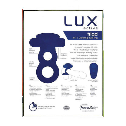 The image shows packaging for the Lux Active Triad 4.5 Vibrating Dual Ring With Remote by LUX, designed for couples play. It features premium silicone, 7 functions, a remote control, and highlights its innovative PowerBullet technology.