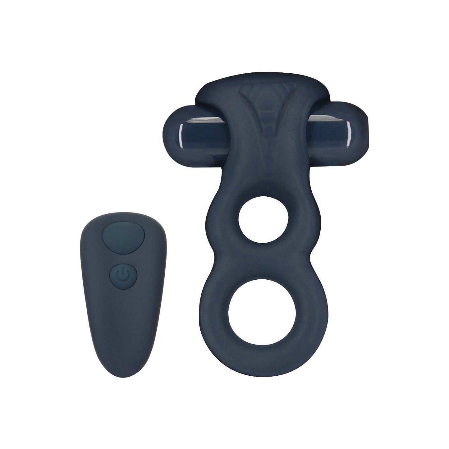 The Lux Active Triad 4.5 Vibrating Dual Ring by LUX features a dark design with two rings and a cylindrical attachment for couples play. It includes a compact matching remote for easy control.