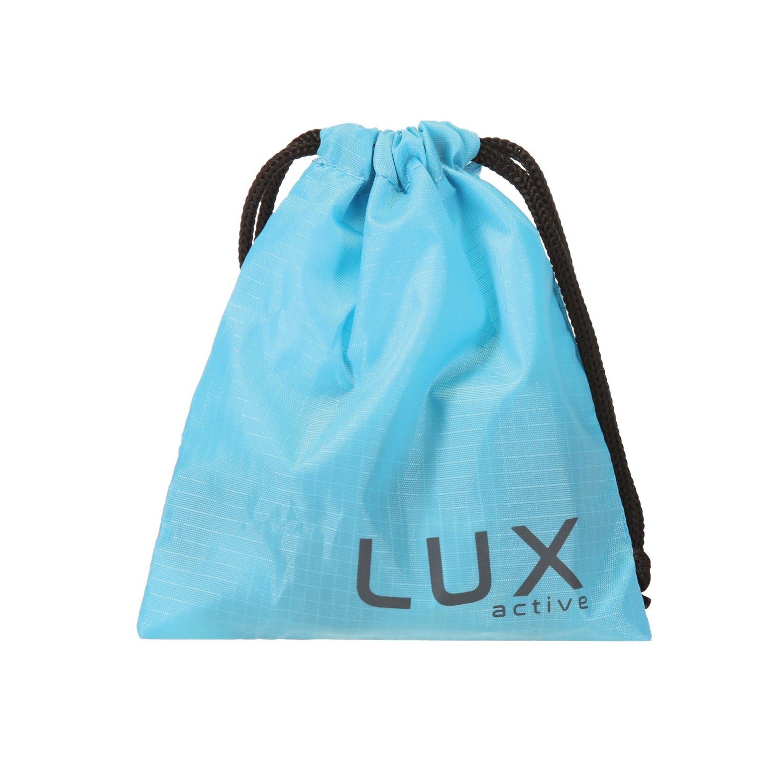 A crinkled blue drawstring bag with LUX active in black on the lower right corner features black drawstrings, ideal for essentials like a remote or the Lux Active Triad 4.5 Vibrating Dual Ring With Remote for couples play.