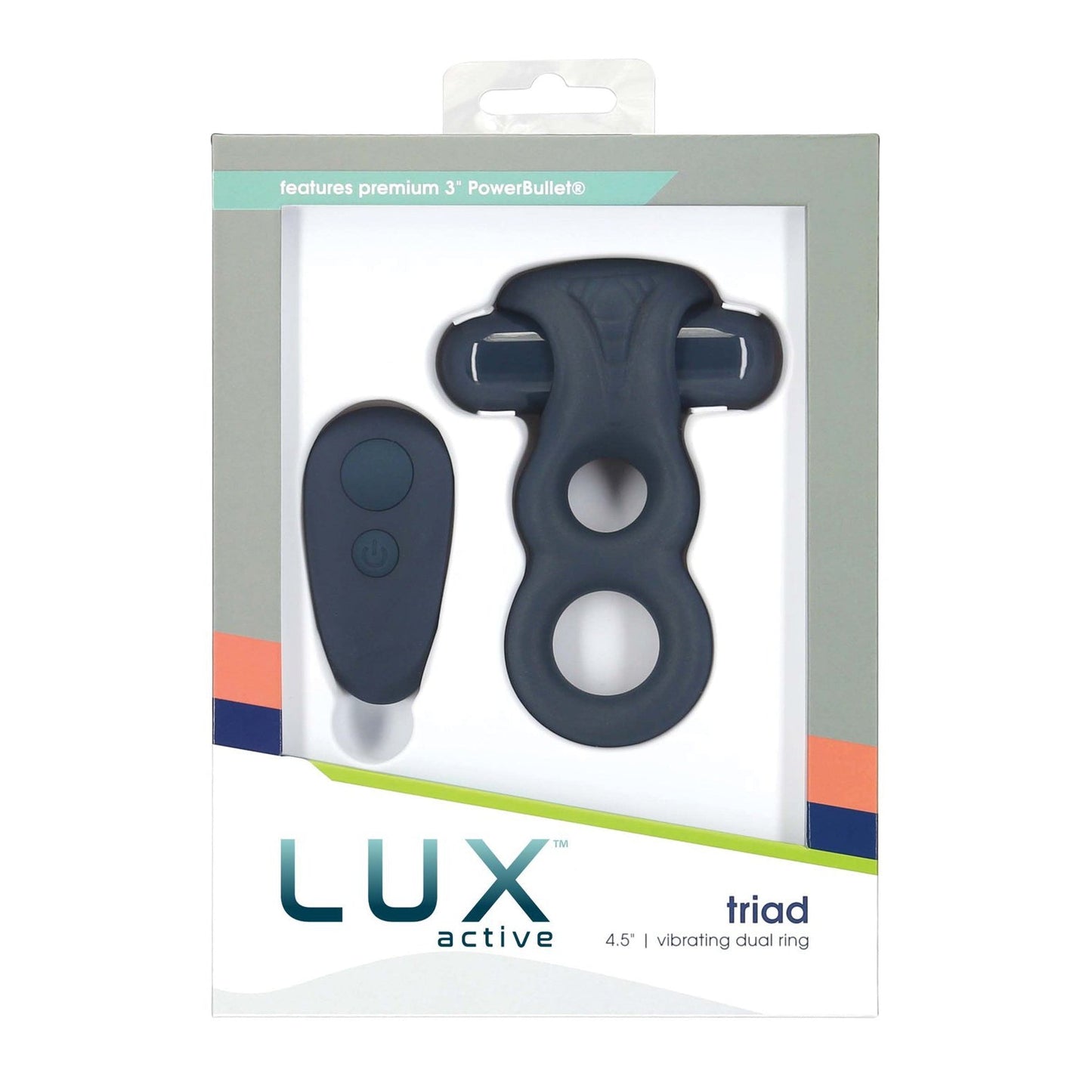 The packaging for the Lux Active Triad 4.5 Vibrating Dual Ring With Remote features a gray product image and its remote, focusing on couples play. The sleek design prominently highlights the LUX branding and key features.