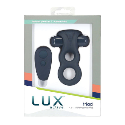 The packaging for the Lux Active Triad 4.5 Vibrating Dual Ring With Remote features a gray product image and its remote, focusing on couples play. The sleek design prominently highlights the LUX branding and key features.