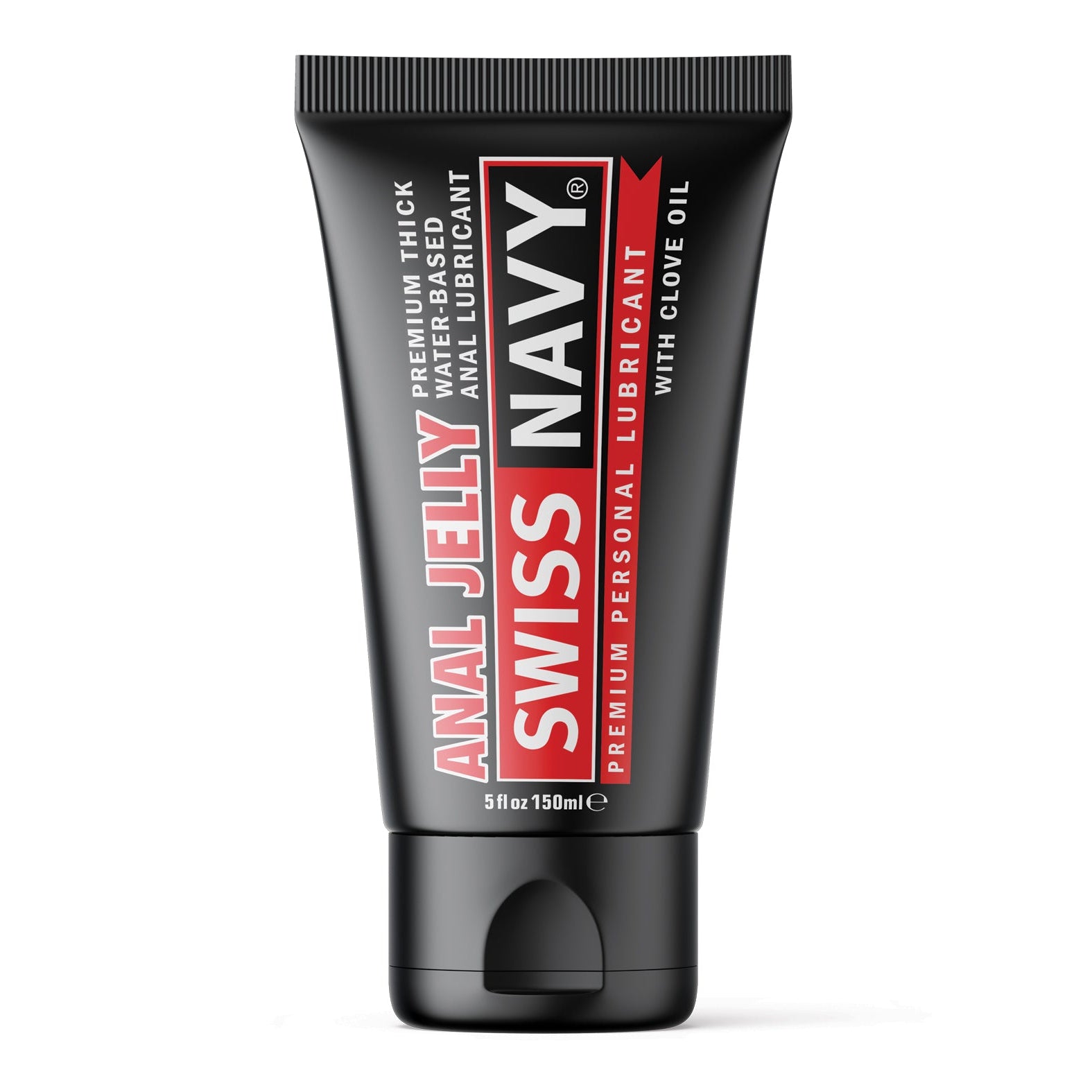 The Swiss Navy Thick Anal Jelly comes in a black 5 fl oz (150 ml) tube with a red and white label, highlighting its extra-thick, water-based formula enriched with clove oil.