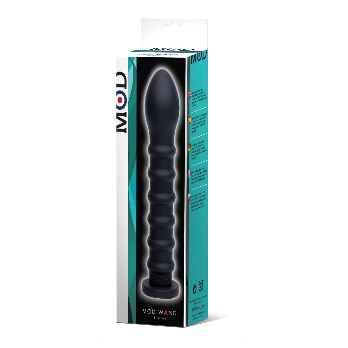 The black MOD Ribbed Wand by Adams Toy Box, designed for beginners with a bulbous tip, comes in a stylish box featuring the brand and product details on a white and teal background. Compatible with most sex machines, it provides users an enhanced experience.