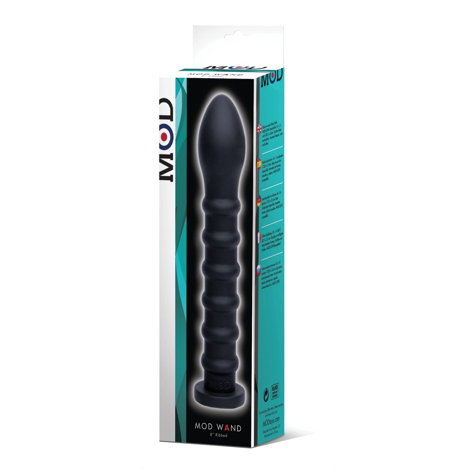 The black MOD Ribbed Wand by Adams Toy Box, designed for beginners with a bulbous tip, comes in a stylish box featuring the brand and product details on a white and teal background. Compatible with most sex machines, it provides users an enhanced experience.