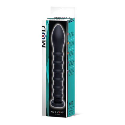 The black MOD Ribbed Wand by Adams Toy Box, designed for beginners with a bulbous tip, comes in a stylish box featuring the brand and product details on a white and teal background. Compatible with most sex machines, it provides users an enhanced experience.