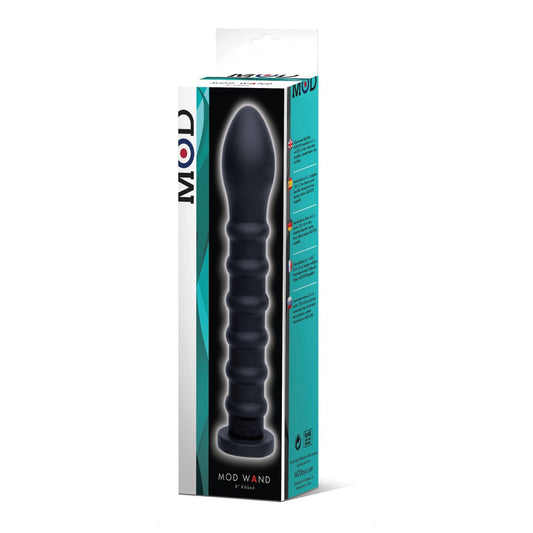 The black MOD Ribbed Wand by Adams Toy Box, designed for beginners with a bulbous tip, comes in a stylish box featuring the brand and product details on a white and teal background. Compatible with most sex machines, it provides users an enhanced experience.