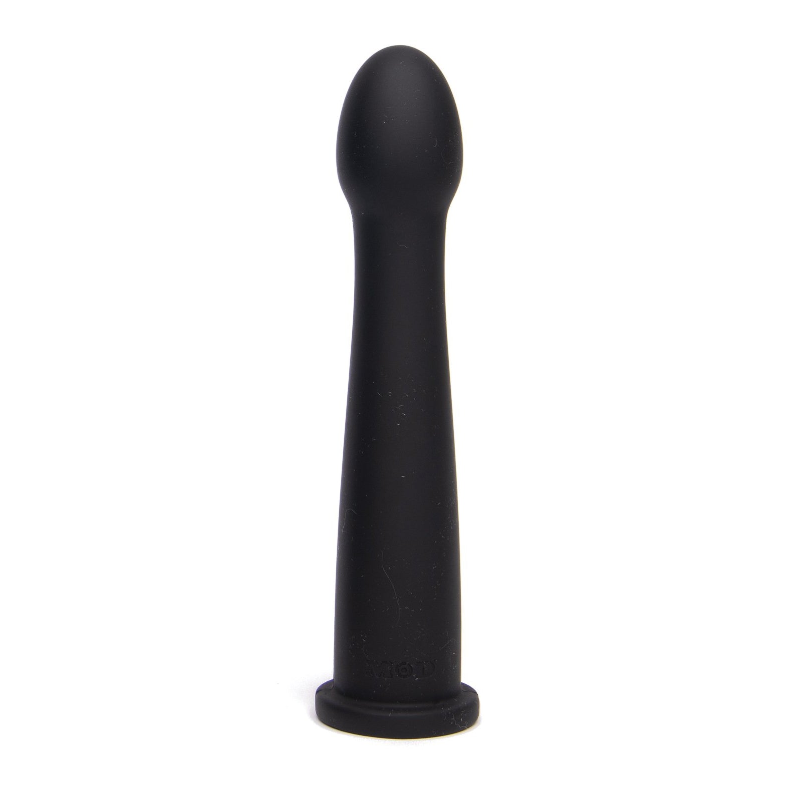 A black, cylindrical silicone object with a rounded top and flat base stands on a white background. The MOD Smooth Wand by Adams Toy Box is perfect for those seeking enhanced comfort during play.