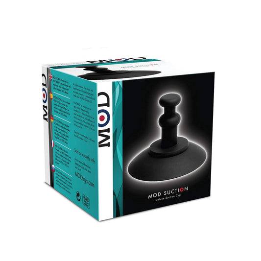 MOD Suction Cup - Black packaging features a sleek black device against a white background, emphasizing hands-free use and multi-toy compatibility with vibrant side accents.