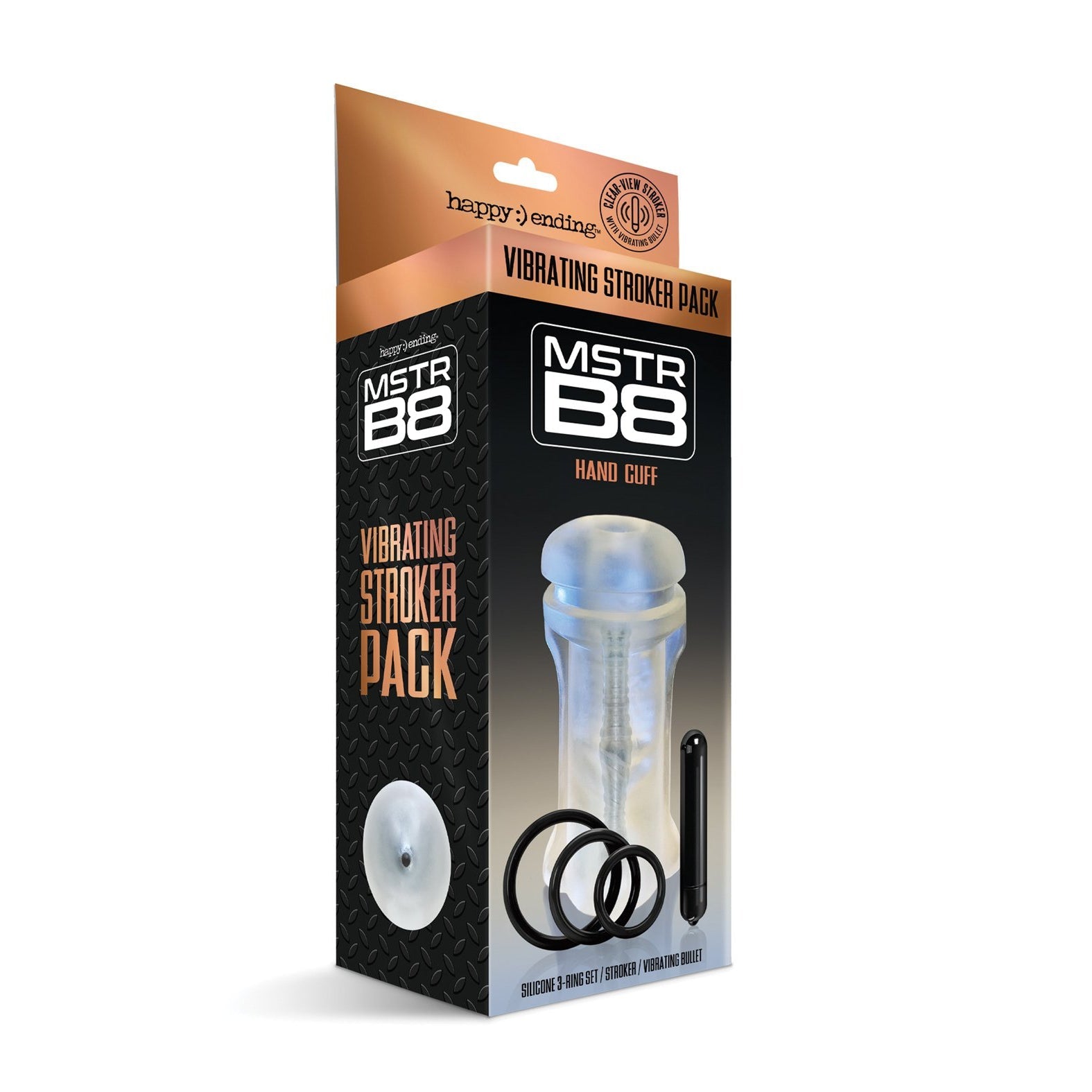 A retail box features the MSTR B8 Vibrating Stroker Pack Hand Cuff - Kit of 5 with a customizable sleeve, including a transparent stroker, three silicone rings, and a black rod. The sleek black and copper design highlights its MSTR B8 branding and emphasizes its silicone craftsmanship.