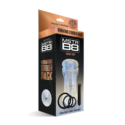 A retail box features the MSTR B8 Vibrating Stroker Pack Hand Cuff - Kit of 5 with a customizable sleeve, including a transparent stroker, three silicone rings, and a black rod. The sleek black and copper design highlights its MSTR B8 branding and emphasizes its silicone craftsmanship.
