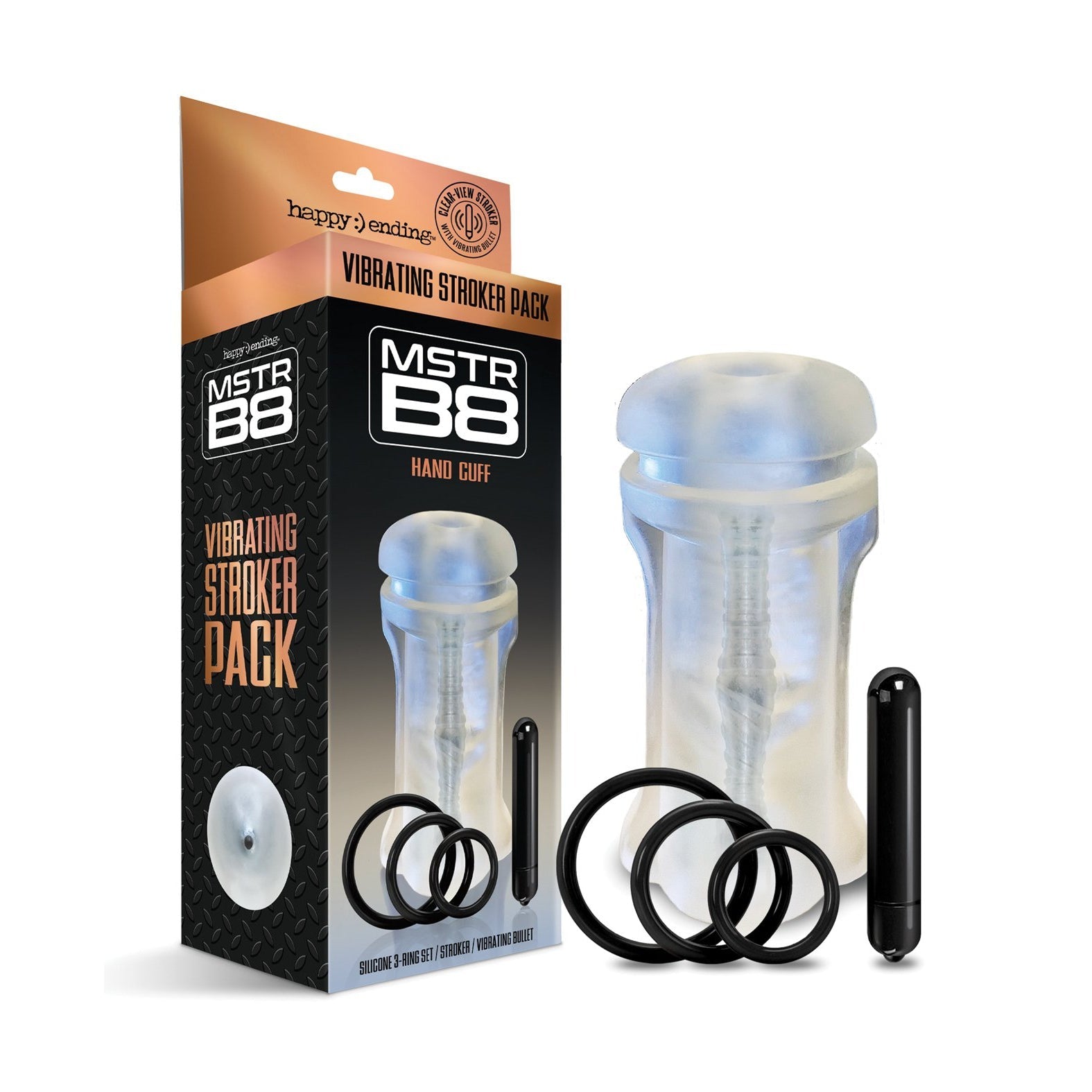 The MSTR B8 Vibrating Stroker Pack Hand Cuff - Kit of 5 includes a transparent customizable sleeve, vibrating cuff, and adjustable rings made from premium silicone, elegantly displayed in the box on a pristine white background.