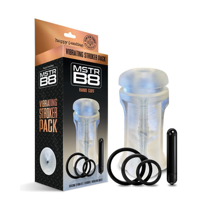 The MSTR B8 Vibrating Stroker Pack Hand Cuff - Kit of 5 includes a transparent customizable sleeve, vibrating cuff, and adjustable rings made from premium silicone, elegantly displayed in the box on a pristine white background.