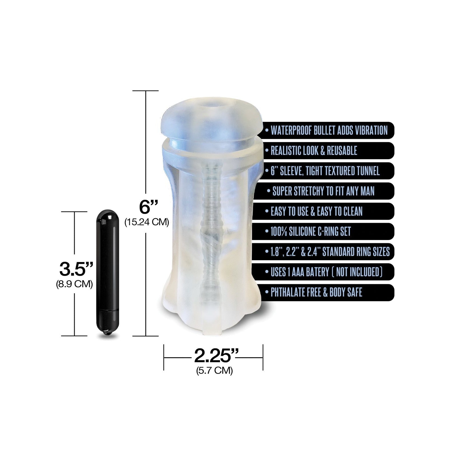 The MSTR B8 Vibrating Stroker features a translucent, textured design with a bullet-shaped accessory. Its made from phthalate-free silicone, measures 6 tall by 2.25 diameter, and requires one AAA battery (not included). Sold as the MSTR B8 Vibrating Stroker Pack Hand Cuff - Kit of 5.