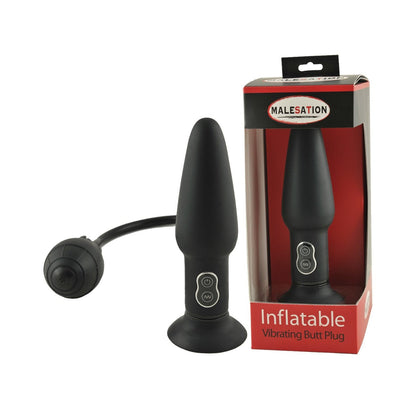 The Malesation Inflatable Butt Plug w/ Vibration, made from smooth silicone in black, includes a pump and intuitive vibration controls. Its packaging features a clear window for a tempting view of its innovative design.