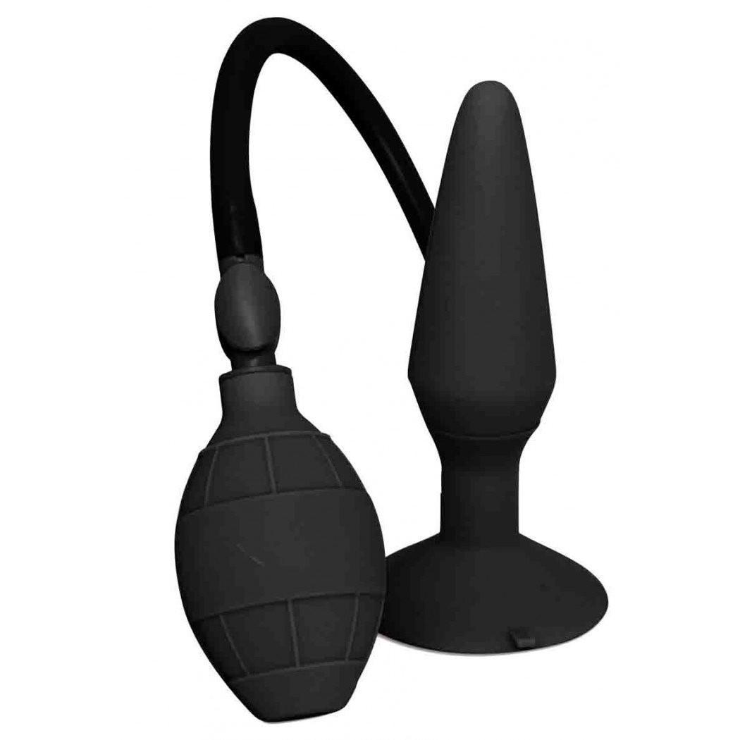 The Malesation Inflatable Butt Plug by Malestation is a sleek black silicone anal toy with a hand pump attached by a tube for enhanced pleasure. It features a stable base for secure use.