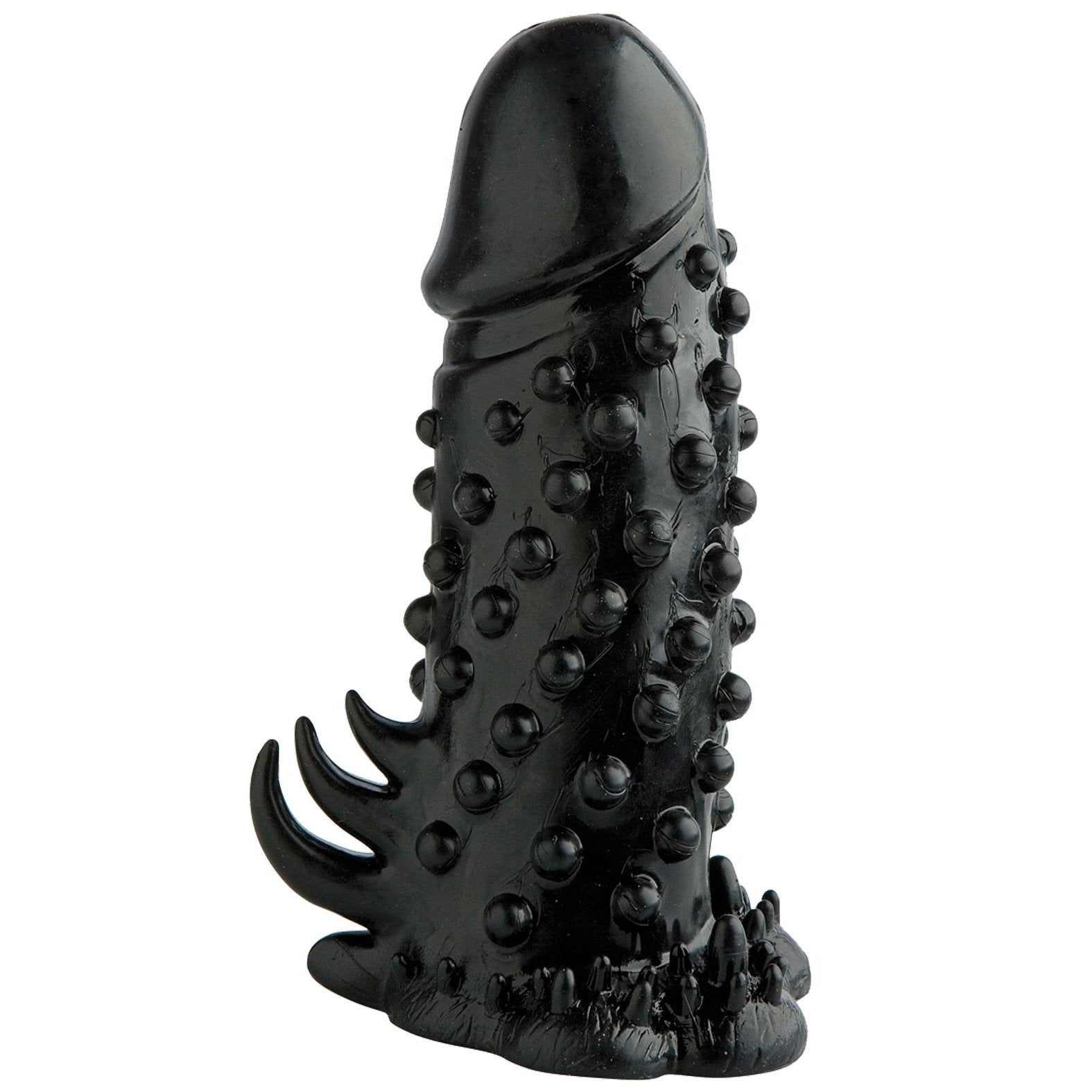 The Malesation Nubby Sleeve by Malestation, made of black textured TPR, has a bulbous tip with round protrusions and curved spikes at the base, creating an abstract sculptural design that enhances the cock with a unique tactile experience.