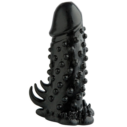 The Malesation Nubby Sleeve by Malestation, made of black textured TPR, has a bulbous tip with round protrusions and curved spikes at the base, creating an abstract sculptural design that enhances the cock with a unique tactile experience.