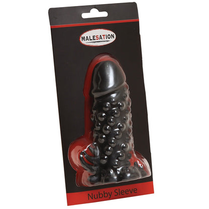 Packaged in a sleek black and red box, the Malesation Nubby Sleeve is a phallic-shaped cock enhancer designed for heightened pleasure. Made from premium TPR, its textured design promises an exhilarating experience.