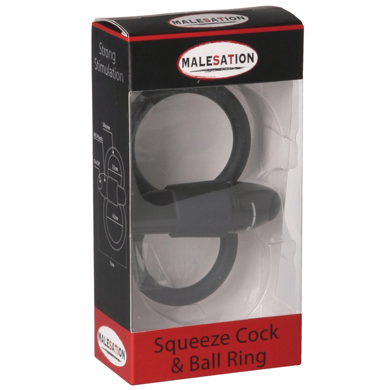 The Malesation Squeeze Cock & Ball Ring, by Malesation, comes in striking black and red packaging. It features a sleek silicone design for intense stimulation, with a transparent window displaying the vibrating product inside for an enticing preview.