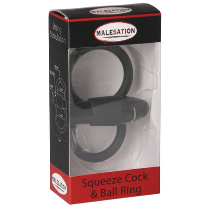 The Malesation Squeeze Cock & Ball Ring, by Malesation, comes in striking black and red packaging. It features a sleek silicone design for intense stimulation, with a transparent window displaying the vibrating product inside for an enticing preview.