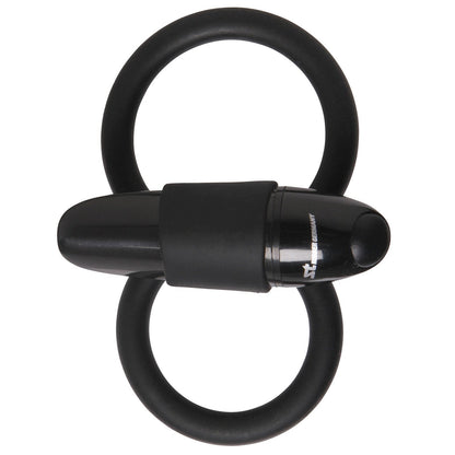 The Malesation Squeeze Cock & Ball Ring by Malestation is a sleek, modern black silicone ring featuring a removable vibrating bullet at its center. This personal massager has a glossy finish, adding an elegant touch.