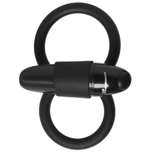 The Malesation Squeeze Cock & Ball Ring by Malestation is a sleek, modern black silicone ring featuring a removable vibrating bullet at its center. This personal massager has a glossy finish, adding an elegant touch.