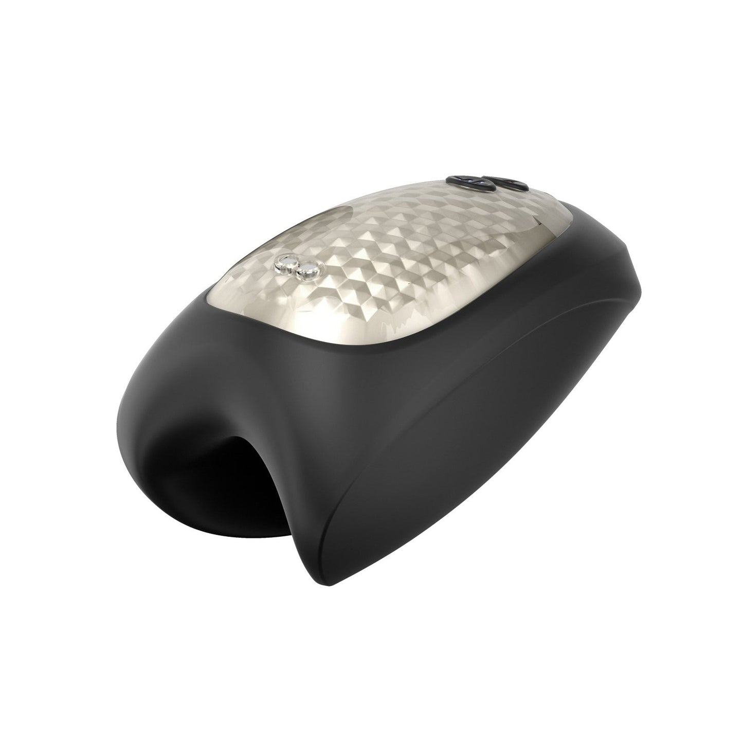 The Man Wand Heat and Vibration Pulsion by Man Wand is a stylish black and silver massager with a diamond pattern, modern curves, and 7 vibration modes, highlighted against a white background.