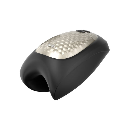 The Man Wand Heat and Vibration Pulsion by Man Wand is a stylish black and silver massager with a diamond pattern, modern curves, and 7 vibration modes, highlighted against a white background.