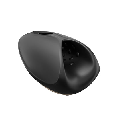 A close-up of a glossy black wireless earbud with small perforations, designed for ergonomic comfort. Its sleek design mirrors the precision of the Man Wand Heat and Vibration Pulsion by Man Wand, ensuring user comfort similar to a male massager offering 7 vibration modes.