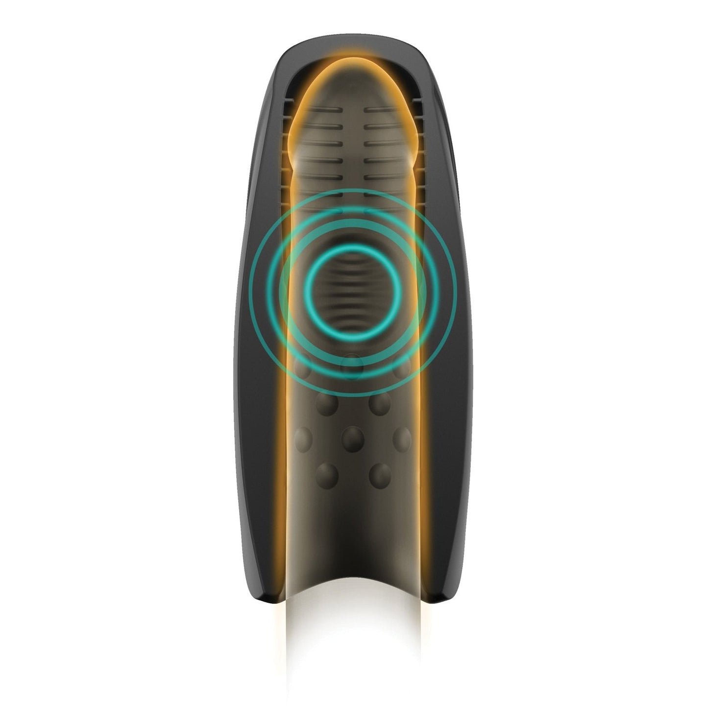 The sleek, black Man Wand Heat and Vibration Pulsion stands vertically with a hollow center. It features glowing yellow edges, blue lines suggesting connectivity, textured details at the top, and small raised bumps at the bottom, hinting at its 7 Vibrations Modes functionality.