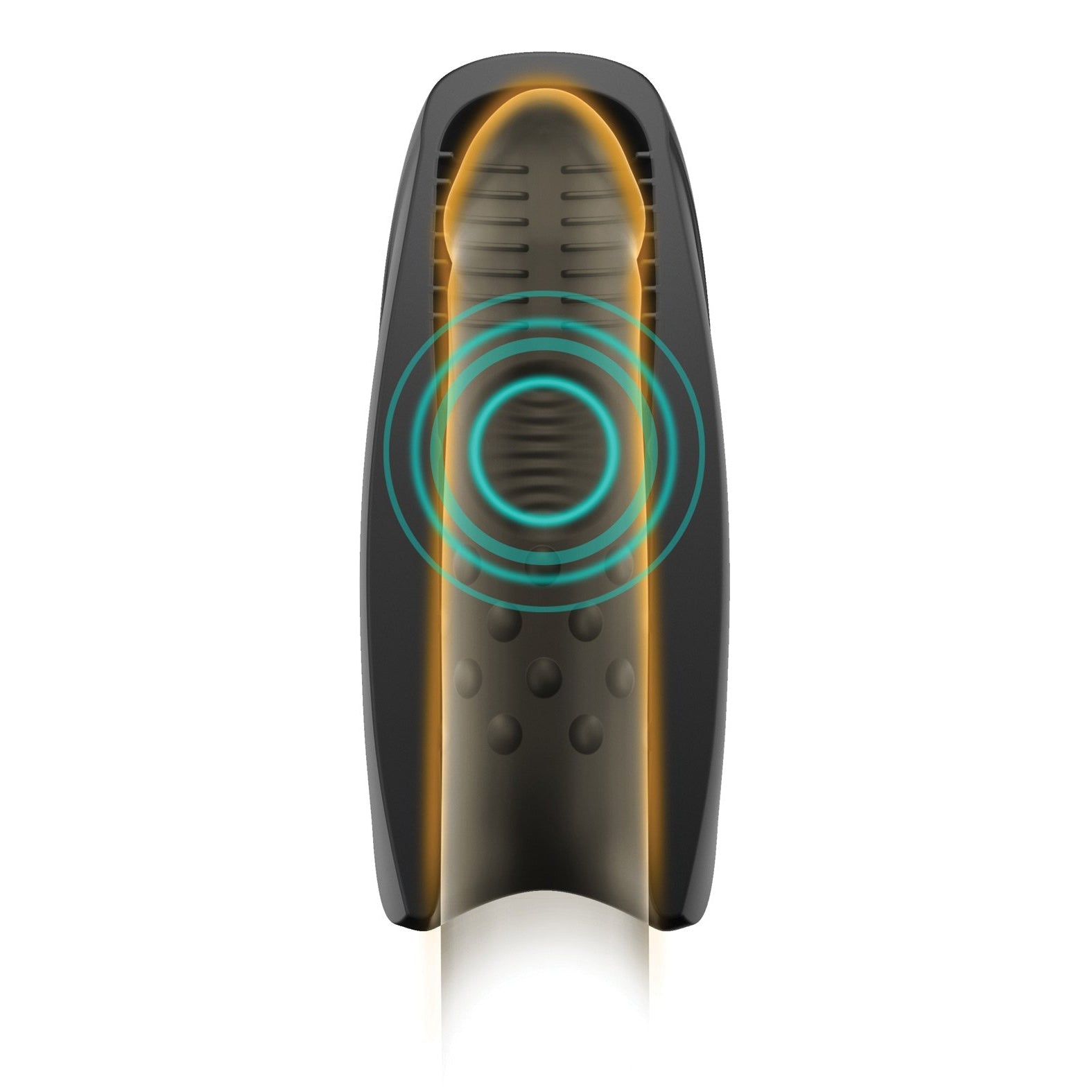 The sleek, black Man Wand Heat and Vibration Pulsion stands vertically with a hollow center. It features glowing yellow edges, blue lines suggesting connectivity, textured details at the top, and small raised bumps at the bottom, hinting at its 7 Vibrations Modes functionality.
