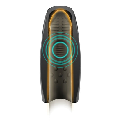 The sleek, black Man Wand Heat and Vibration Pulsion stands vertically with a hollow center. It features glowing yellow edges, blue lines suggesting connectivity, textured details at the top, and small raised bumps at the bottom, hinting at its 7 Vibrations Modes functionality.