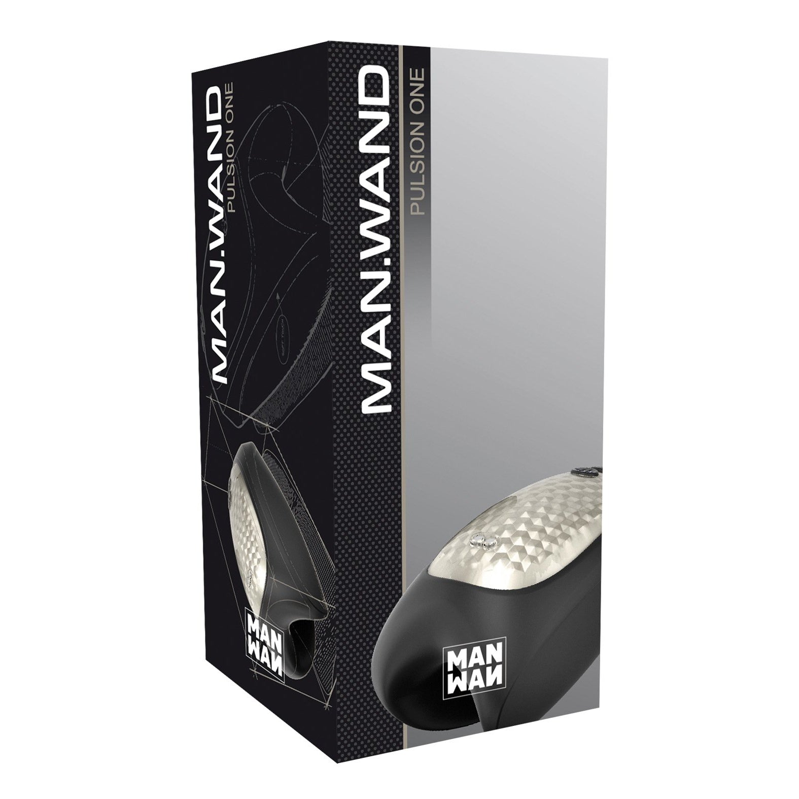 The black and silver box for the Man Wand Heat and Vibration Pulsion features an ergonomic, textured black male massager with 7 vibration modes. The product name and Man Wand logo stand out on the packaging.