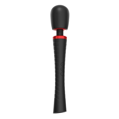 The Man Wand Xtreme by Adams Toy Box is a black handheld massager featuring a red accent ring, rounded head, ribbed handle with control buttons, multiple vibration modes for male stimulation, and includes two attachments for a tailored experience.