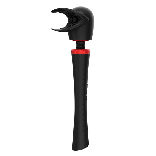 The Man Wand Xtreme by Adams Toy Box is a black and red mechanical gripper designed for male stimulation. It features a clamp-like head with serrated edges, various vibration modes, and a curved handle for easy holding.
