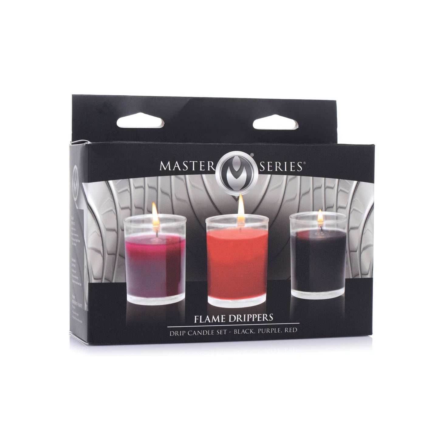 The packaging of the Master Series Flame Drippers Candle Set - Multi Color exudes allure, featuring three vibrant drip candles in glass holders—purple, red, and black. Designed for candle play with low melting point wax, the dark backdrop is subtly accented with light gray tones.