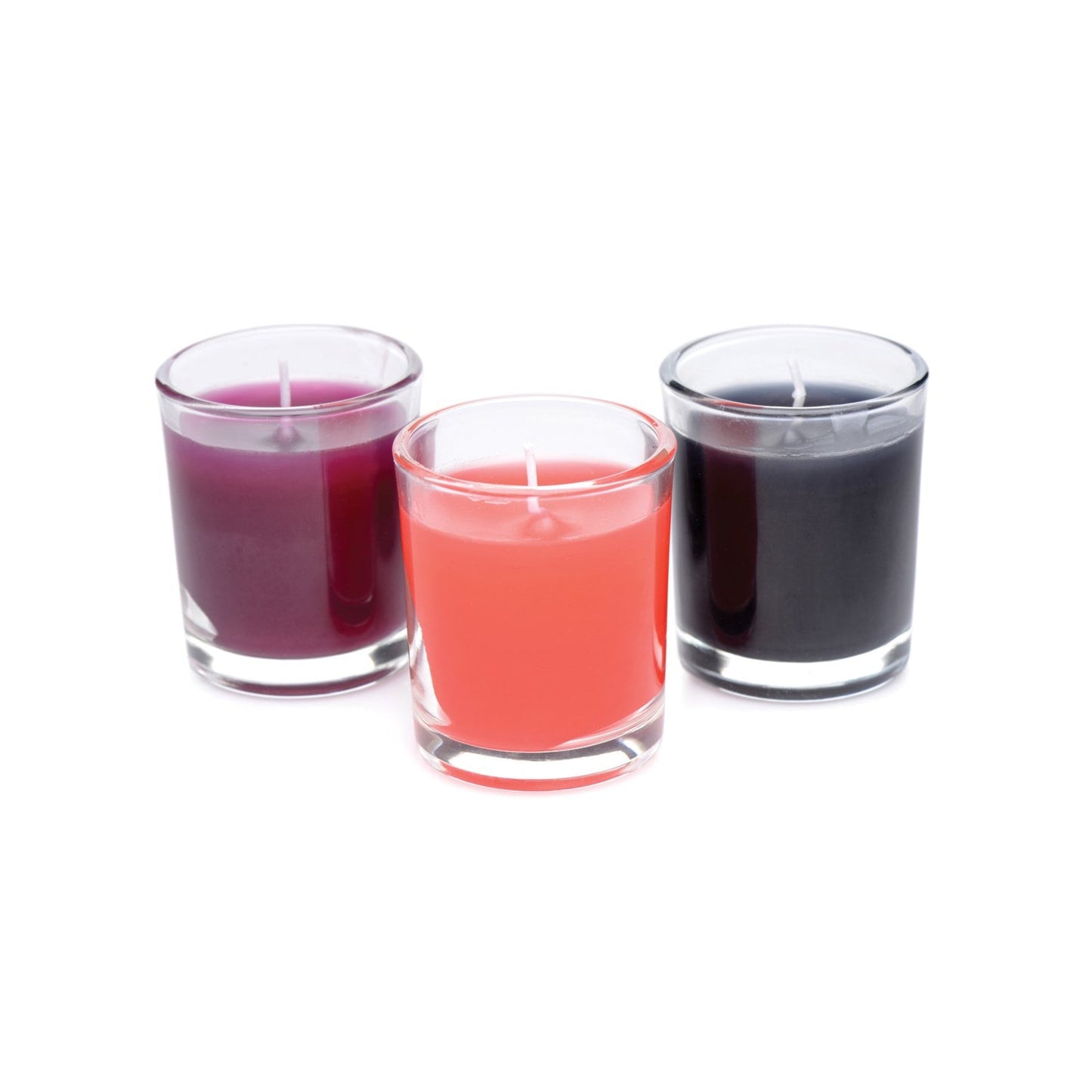 The Master Series Flame Drippers Candle Set features three small candles in vibrant purple, pink, and black glass holders arranged in a row. Made with low melting point wax, these candles are perfect for candle play.