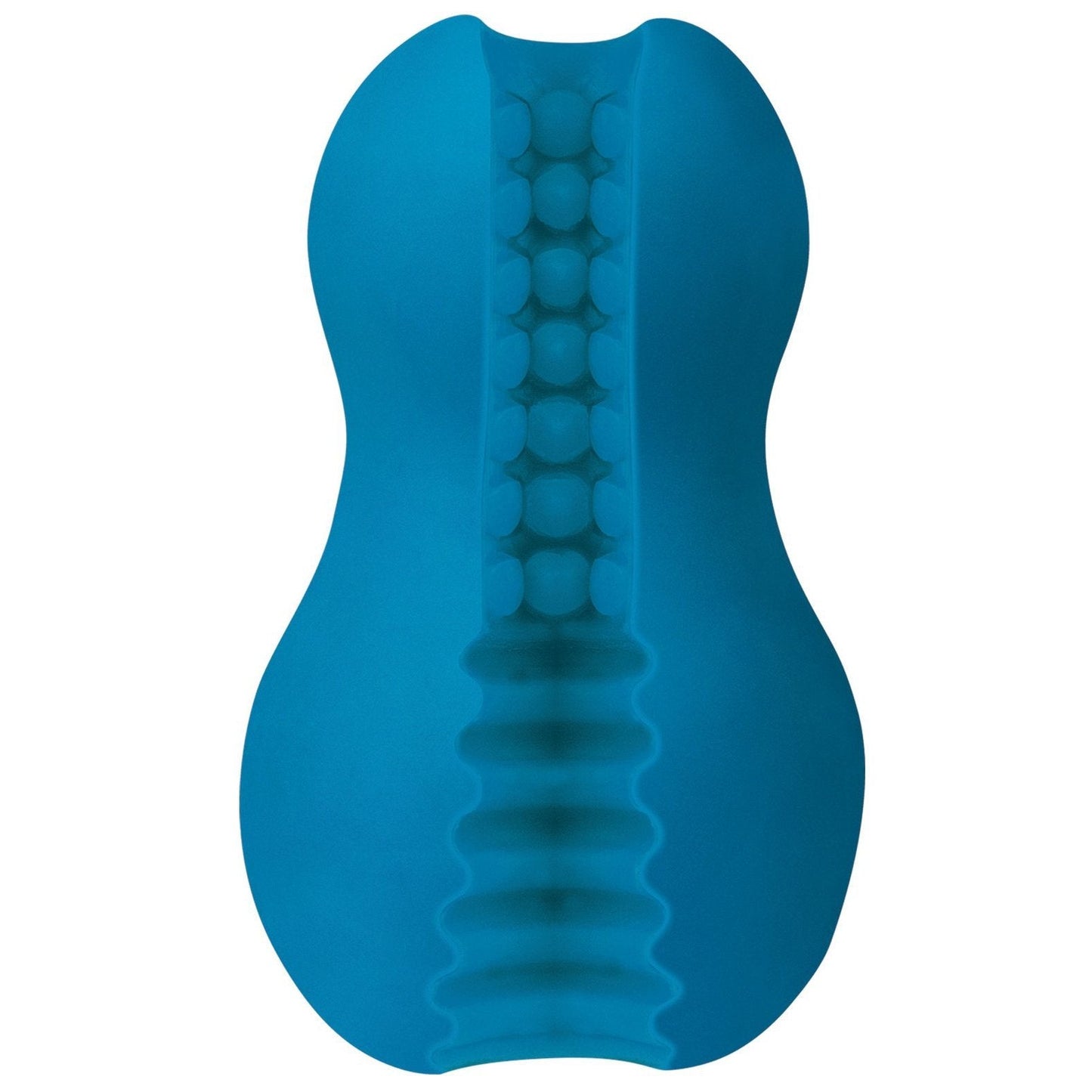 Introducing the Mood Ultraskyn Exciter Stroker by Adams Toy Box: a blue, ergonomic foam massager with ridges and rounded protrusions for targeted muscle relief. Experience ultimate relaxation with this innovative tool designed to soothe your senses.