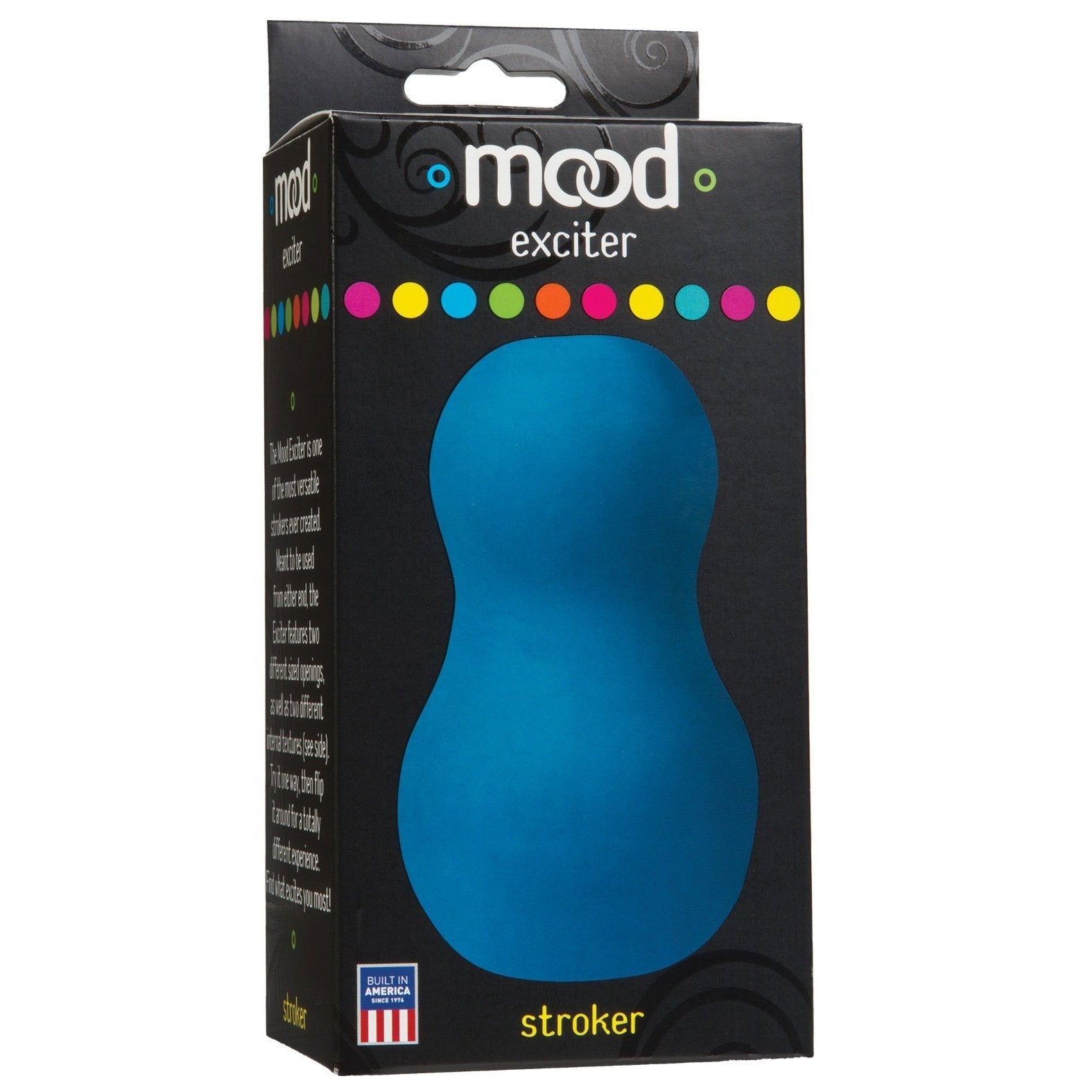 Box of the Mood Ultraskyn Exciter Stroker by Adams Toy Box, featuring colorful dots and a blue, peanut-shaped masturbator on the front. Made in the USA, with logo on bottom left.