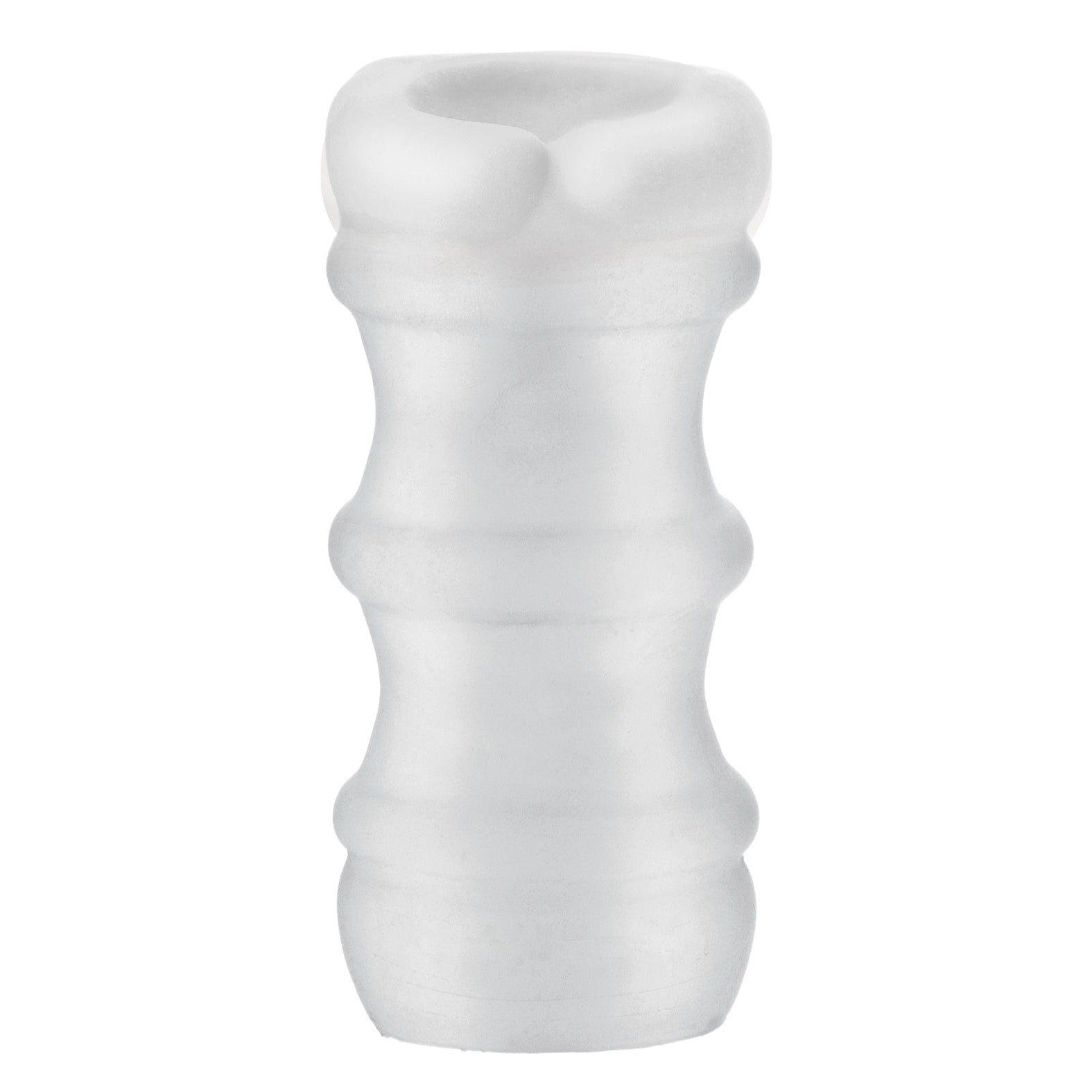 A frosted, translucent cylindrical Doc Johnson design with contoured features and multiple rounded indentations, just like the Mood Ultraskyn Massage Beads Stroker, for a textured appearance.