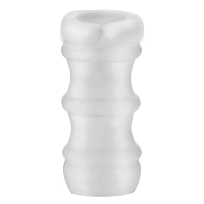A frosted, translucent cylindrical Doc Johnson design with contoured features and multiple rounded indentations, just like the Mood Ultraskyn Massage Beads Stroker, for a textured appearance.