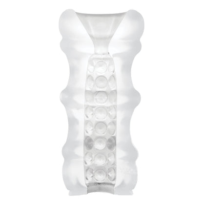 The Doc Johnson Mood Ultraskyn Massage Beads Stroker features a sleek, sculpted design with bubble-like indents resembling massage beads, and its textured, wavy form plus narrow top blend modern artistry with mood-pleasing charm.