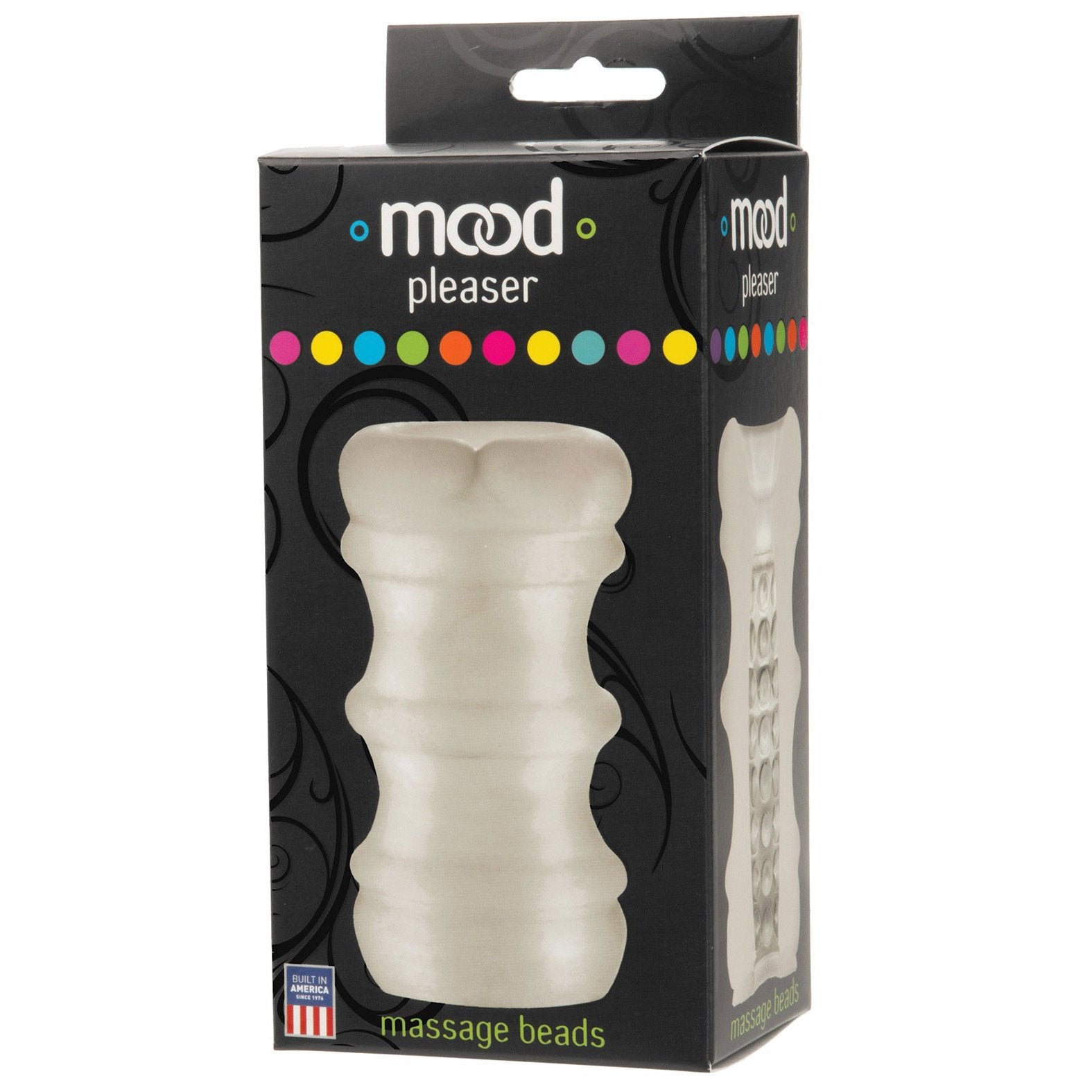 The image shows a black box with a plastic window showcasing a white, textured cylindrical object. The packaging, labeled Doc Johnson, features colorful dots and highlights the Mood Ultraskyn Massage Beads Stroker for an enhanced sensory experience.