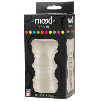 The image shows a black box with a plastic window showcasing a white, textured cylindrical object. The packaging, labeled Doc Johnson, features colorful dots and highlights the Mood Ultraskyn Massage Beads Stroker for an enhanced sensory experience.