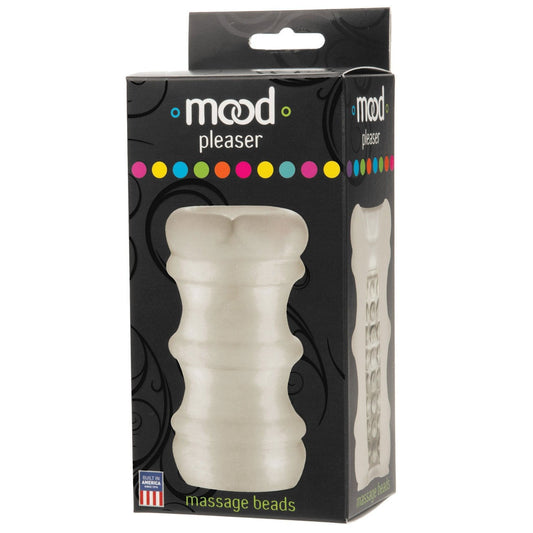 The image shows a black box with a plastic window showcasing a white, textured cylindrical object. The packaging, labeled Doc Johnson, features colorful dots and highlights the Mood Ultraskyn Massage Beads Stroker for an enhanced sensory experience.