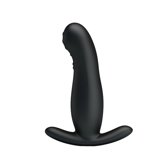 The Mr. Play Rolling Bead Prostate Massager by Adams Toy Box is a black, waterproof prostate massager made from body-safe silicone with a curved base and smooth ergonomic design.