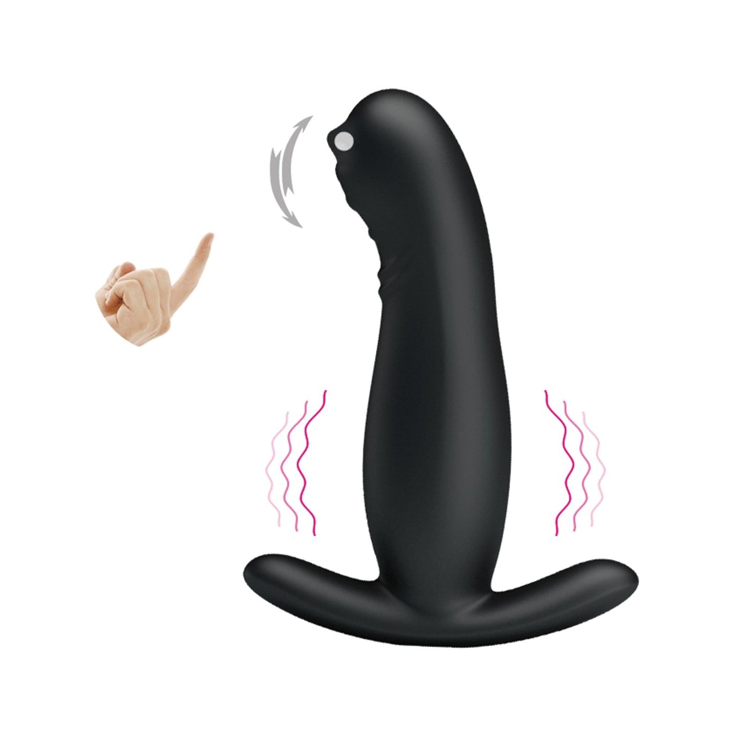 The Mr. Play Rolling Bead Prostate Massager from Adams Toy Box is a black silicone device with a curved design and flat base. Indicated by pink lines, it offers a vibrating feature controlled by finger-pointing hand imagery, and its waterproof for versatile use.