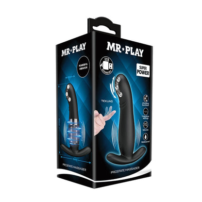 The packaging of the Mr. Play Rolling Bead Prostate Massager from Adams Toy Box features a sleek image on a black and blue background, highlighting its powerful vibrator, USB charging, waterproof capabilities, and body-safe silicone construction.