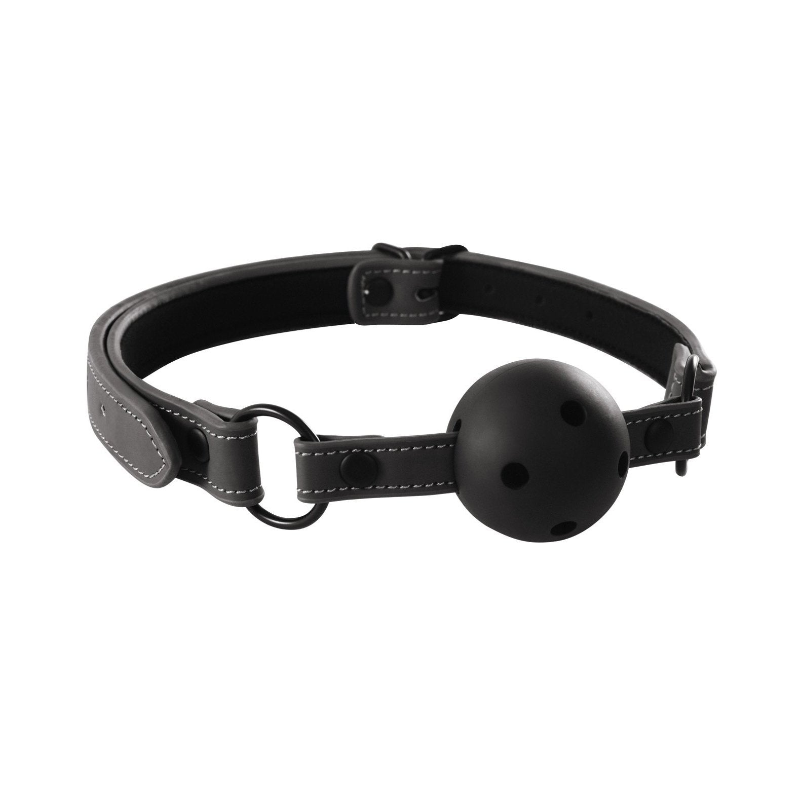 The NS Novelties Renegade Bondage Ball Gag offers a breathable black ball with an adjustable strap, white stitching, and metallic rings. Made from durable vinyl, its the perfect tool for those desiring both comfort and control in their master domination play.