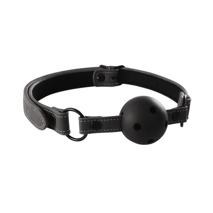 The NS Novelties Renegade Bondage Ball Gag offers a breathable black ball with an adjustable strap, white stitching, and metallic rings. Made from durable vinyl, its the perfect tool for those desiring both comfort and control in their master domination play.